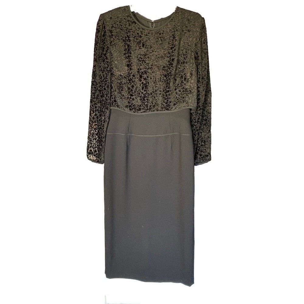 Kay Unger Black Velvet Devore Floral Mock Dress Size 10 Long Sleeve Formal Midi - Picture 2 of 7